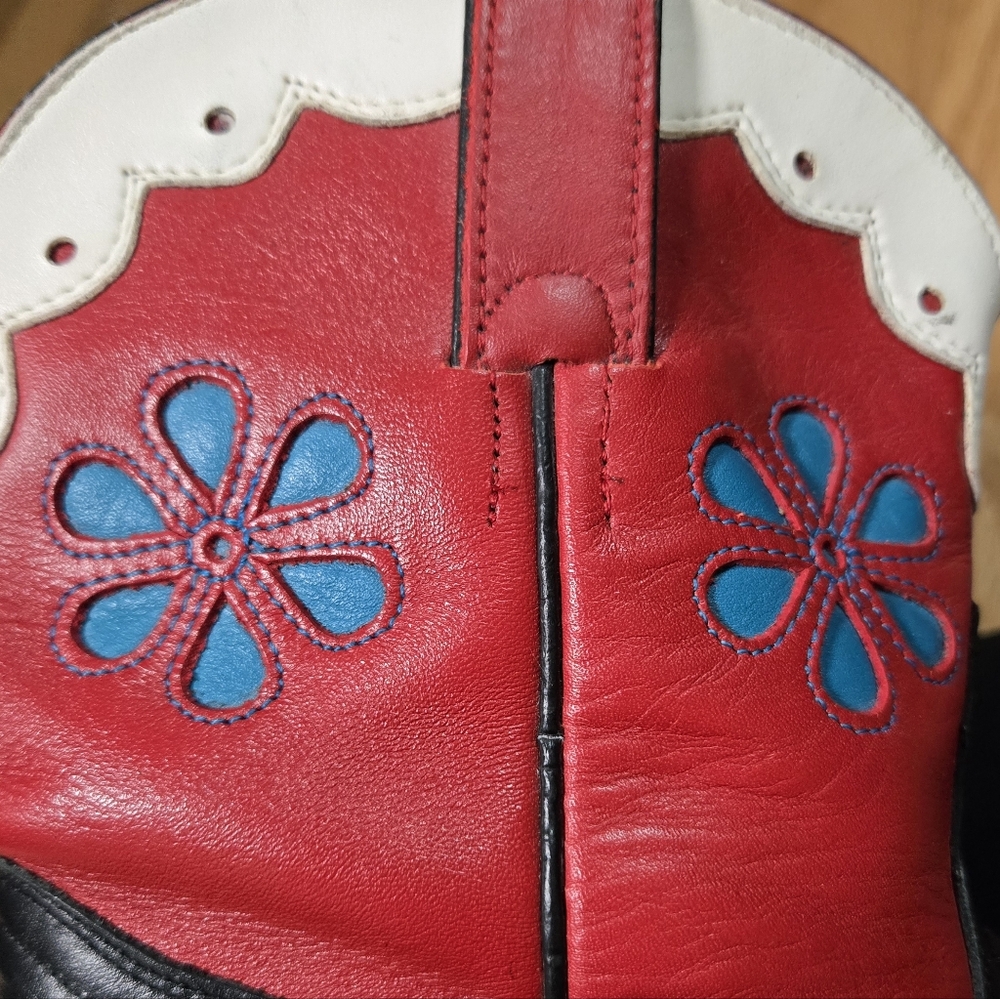 Vintage Tony Lama Black Red White Blue Flower Western Leather Boots Size 7 - Picture 11 of 16